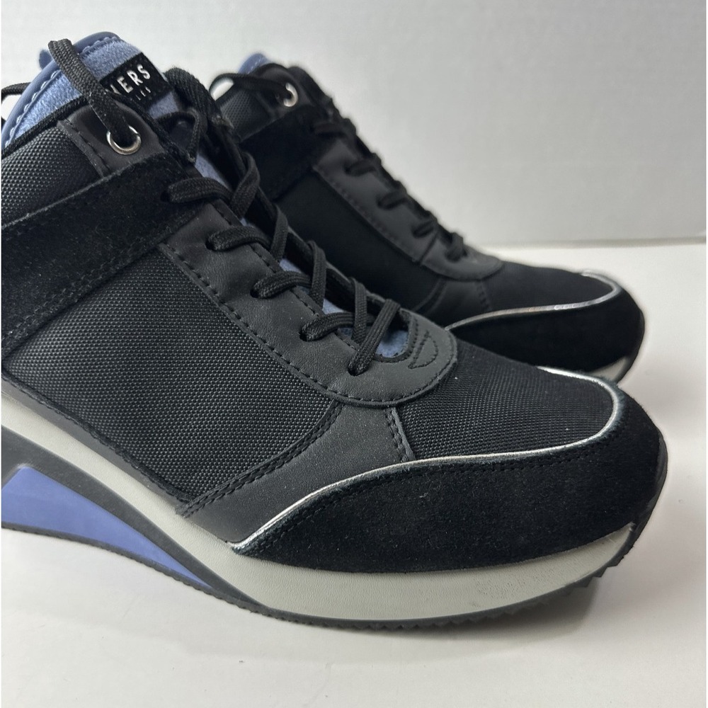 Skechers Million High N Fly Wedge Sneakers Women's Size 11 Black Blue Lace Shoes - Picture 9 of 15